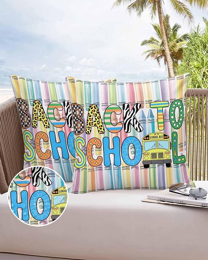 Outdoor Waterproof Throw Pillow Covers Set of 2 Back to School Pillowcases 20x20 Inches Crayon Truck School Season Decorative Pillows Cushion Case Patio Pillows for Couch Bed Chair Garden