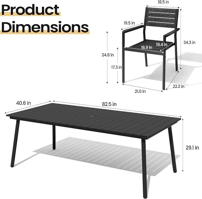 9-Piece Outdoor Dining Set for 8 Person with Black Wood-Grain Top | Armrest Stackable Chairs with 19.4" Seat Depth, Aluminum Frame Dining Furniture with Umbrella Hole for Deck, Porch & Backyard