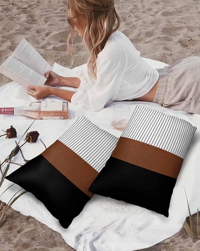 Outdoor Waterproof Throw Pillow Covers Set of 2 Brown Black Lines Lumbar Pillowcases 20x12 Inches Boho Style Patio Decorative Pillows Cushion Case Patio Pillows for Couch Bed Chair Garden