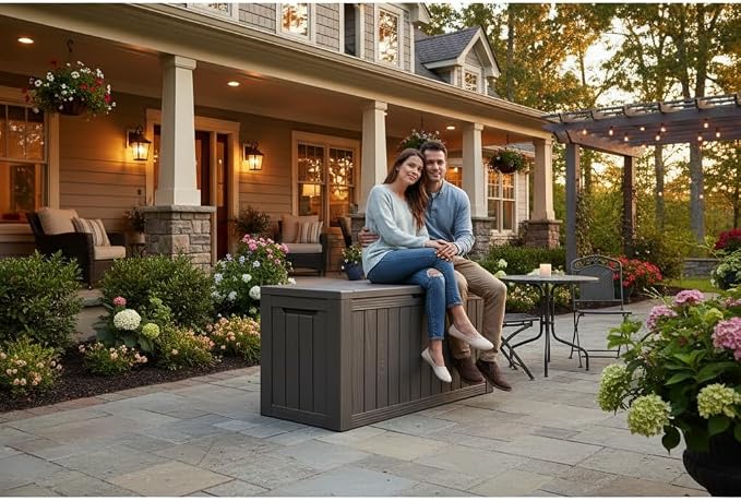 BTEXPERT 80 Gallon Outdoor Storage Container Deck Box with Metal Support Rods for Patio Furniture Garden Tools Cushions Waterproof Lockable UV Resistant Resin