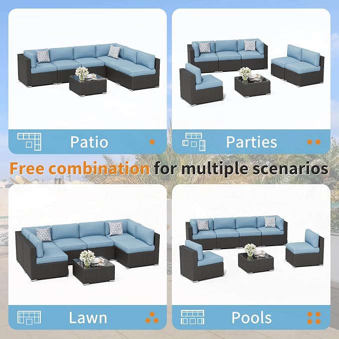 Oakcloud 7-Piece Outdoor Patio Furniture Black Rattan Wicker Sectional Sofa Conversation Set with Glass Top Table and Cushions (Haze Blue)