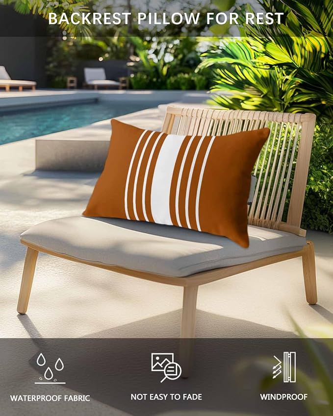 Pack of 2 Outdoor Lumbar Pillow Covers 12x20 Inch, Burnt Orange White Stripe Waterproof Throw Pillow Covers Set, Modern Rustic Vertical Striped Indoor&Outdoor Cushion Cases for Patio Porch Beach