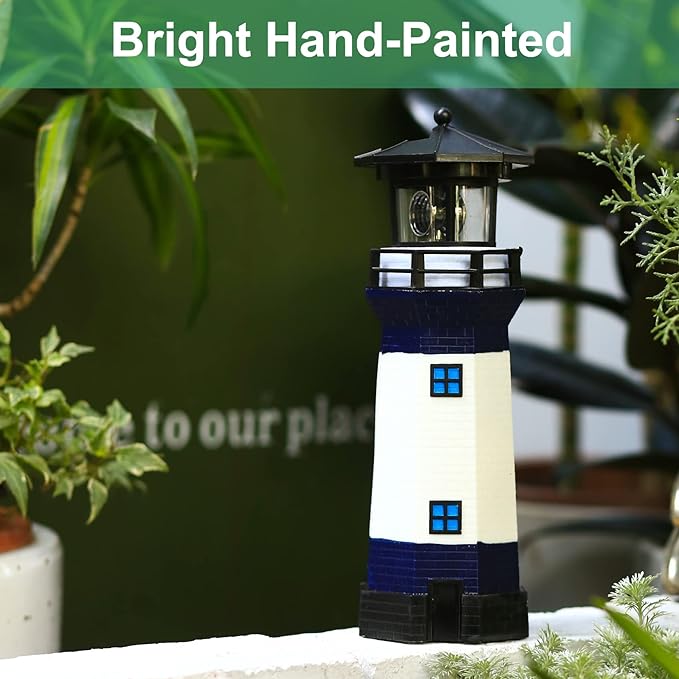 Lighthouse with Rotating Beacon LED Lights - Solar Lighthouse Lamp Outdoor Decorative for Garden Patio Well Cover Gifts(Blue2)