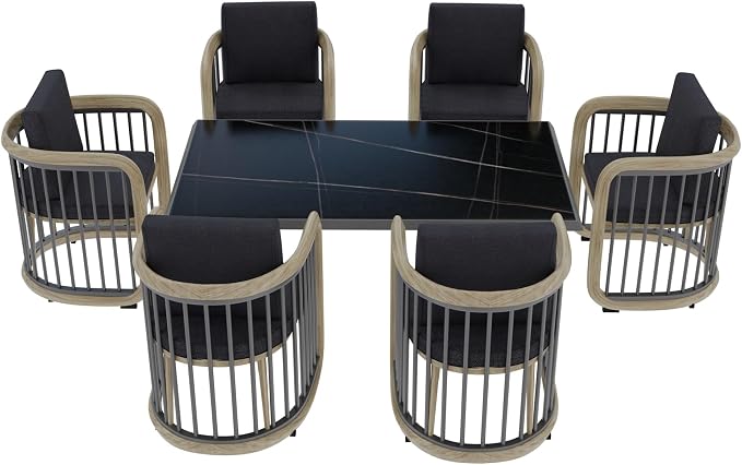 Klyra 7-Piece Outdoor Patio Dining Set Modern Aluminum Rectangular Dining Table and 6 Slatted Chairs with Stain-Resistant Cushions, Weather-Resistant Furniture for Garden, Deck, and Indoor Use, Grey
