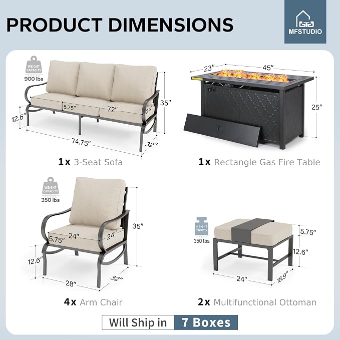 MFSTUDIO 6 Pieces Patio Furniture Sets with 45" Gas Fire Pit Table(Up to 7 Seat),Outdoor Metal Conversation Sofas with 1 x 3-Seat Sofa, 2 Sofa Chairs and 2 Ottoman,Beige Cushion