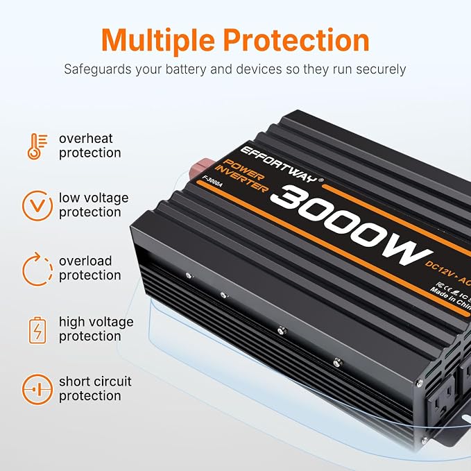 3000W Power Inverter, 12V DC to 110V/120V Modified Sine Wave Inverter with 3 AC Outlets, USB Port, Wired Remote Controller, Car Power Inverter for RV, Truck, Boat, Camping, Off-Grid