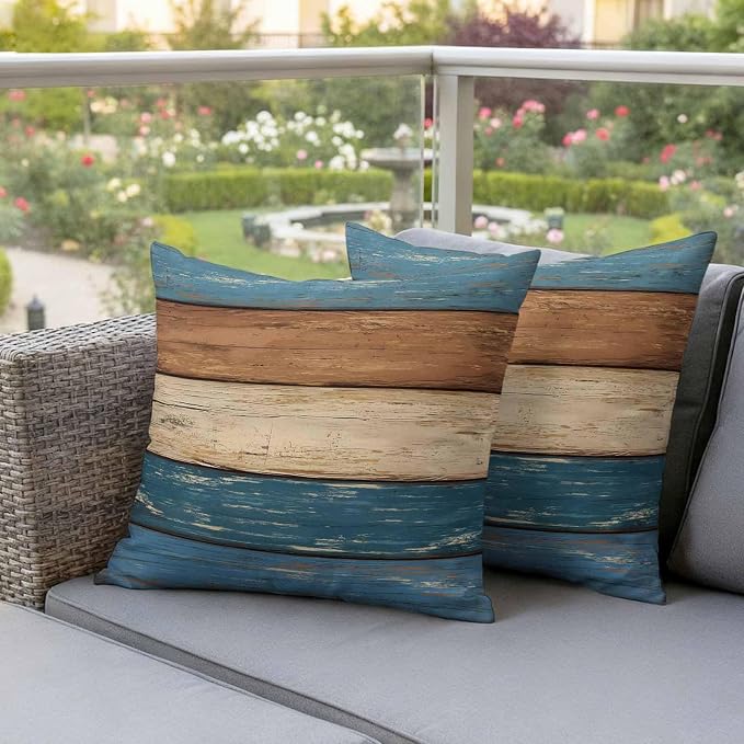 Farmhouse Navy Blue Brown Outdoor Waterproof Pillow Covers, Vintage Wooden Striped Decorative Square Throw Pillowcase Sofa Cushion Sham for Patio/Couch/Chair, 16"x16" 2 Pack