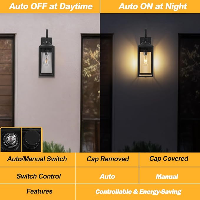 19" Large Dusk to Dawn Outdoor Lighting 2 Pack, Black Sensor Porch Lights | Waterproof Exterior Lighting Fixtures, Modern Wall Lantern, Outdoor Wall Lights Wall Sconce Lamp for House, Doorway, Garage