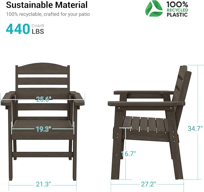HDPE Outdoor Dining Chairs Set of 2 | Weather Resistant Patio Stackable Chairs for Garden, Backyard, Lawn and Poolside, Brown