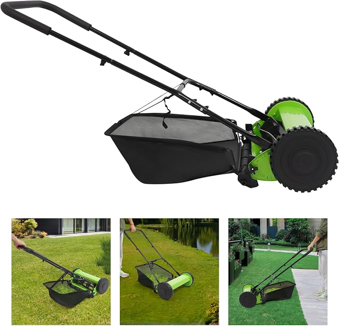 Push Reel Lawn Mower 15.75-Inch Manual with Adjustable Height and Grass Catcher for Small Medium Lawns Yards Home Use