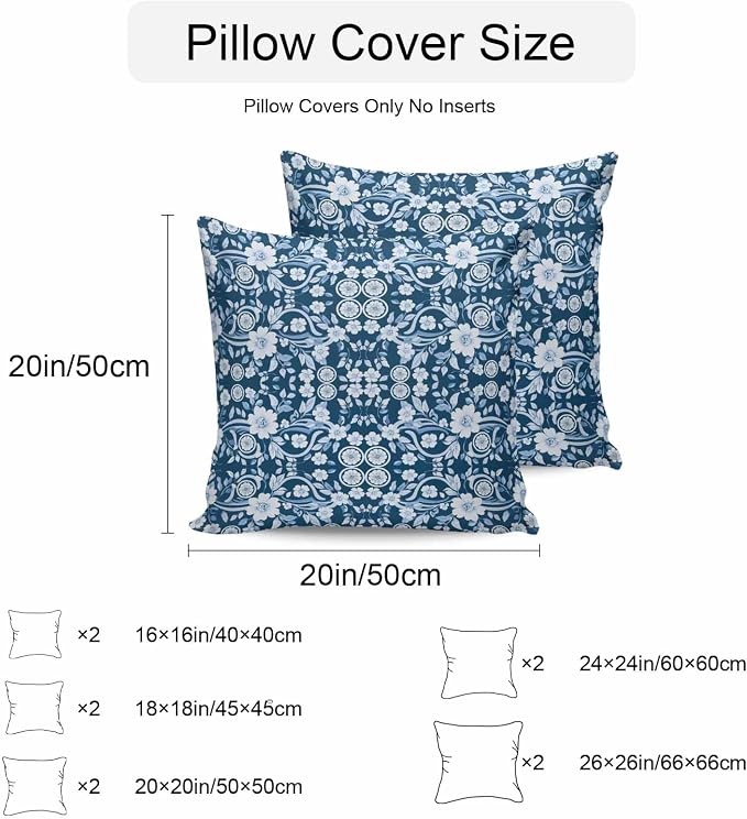 Navy Blue Floral Outdoor Pillow Covers 24x24 Inch Throw Pillow Covers Set of 2 Waterproof Decorative Pillow Cases Vintage Pastoral Botanical Leaves Cushion Covers for Patio Furniture Garden Couch Sofa
