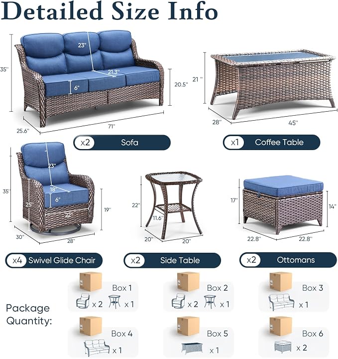 Belord Luxury 6" Thick Cushioned 11 Pieces Patio Furniture Set with Outdoor Couch, Wicker Outdoor Conversation Set with High Back Swivel Rocker Chairs for Deck Porch Yard and Poolside - Brown+Blue