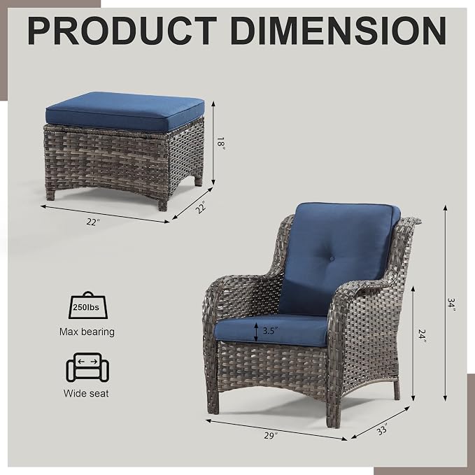 4 Pieces Outdoor Patio Furniture Set Wicker Chairs Set of 2 with Two Ottomans for Backyard, Porch, Balcony(Mixed Grey/Blue)