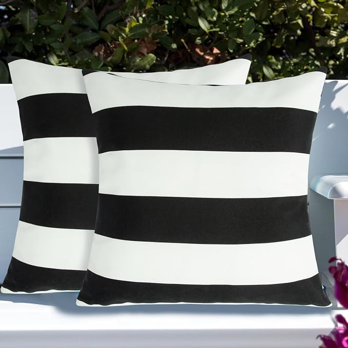 Throw Pillow with Insert, Set of 2, Outdoor Indoor Waterproof Decorative Patio Throw Pillow 18x18 Inch, Square Cushion for Couch Sofa Garden Farmhouse Decoration-Black White Stripe