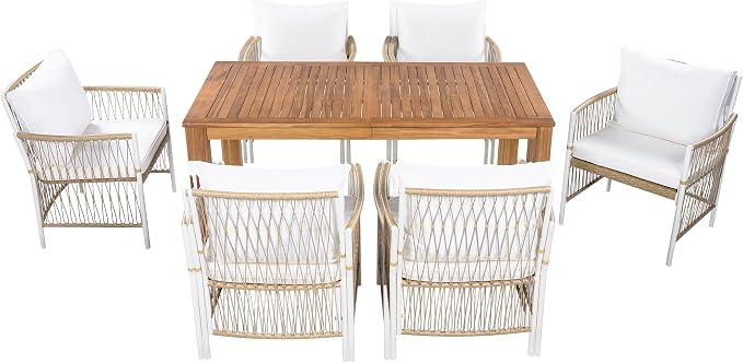 7-Piece Outdoor Patio Dining Set, All-Weather Acacia Wood 67''L Rectangular Dining Table with 6 Rattan Arm Chairs for Backyard, Garden, Poolside (Natural+R3)