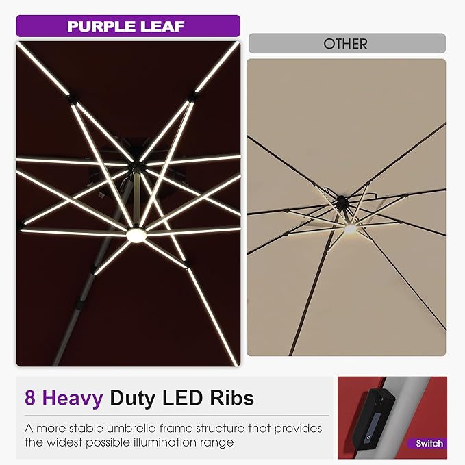 PURPLE LEAF Cantilever Umbrella with Base 13ft Outdoor Round Patio Solar Powered LED Umbrella with 360-degree Rotation for Garden Deck Pool Patio, Brick Red