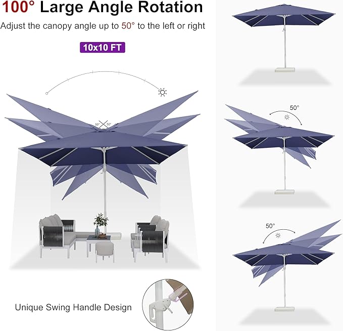 PURPLE LEAF 10 FT Right-left Tilt White Cantilever Umbrella with Base Patio Outdoor Swivel Umbrellas with Aluminum Tilt Offset Umbrella with 360° Rotation for Deck Pool, Navy Blue