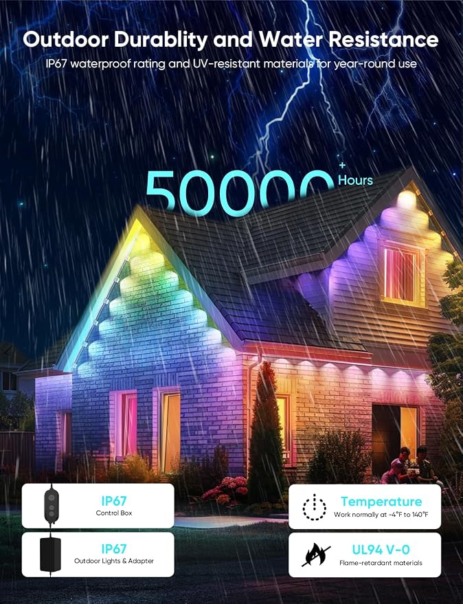 APPECK Permanent Outdoor Lights Pro, 100ft with 72 RGBCW Eaves Lights | Dual Lens, 72W, 80lm, Cuttable, IP67 Waterproof Lighting for Daily and Holiday Decor, Compatible with Alexa, Black