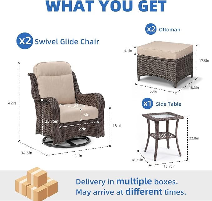 5-Piece Outdoor Swivel Chairs with Ottoman and Side Table, Patio Glider Chair with 6" Thick Cushions, Weather-Resistant Rattan Patio Furniture Set, for Yard, Poolside, Porch, Deck