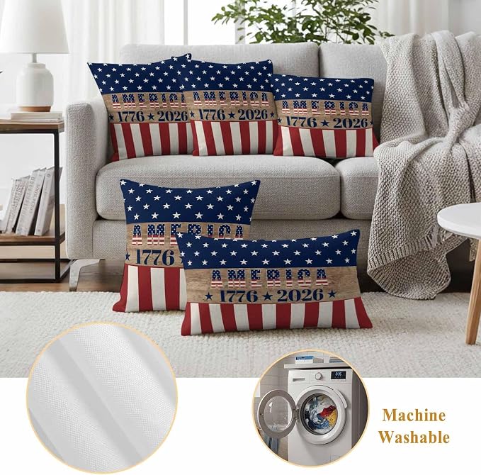 250th Anniversary Outdoor Pillow Covers 18"x18" Set of 2, Waterproof Throw Pillow Covers for Patio Furniture, USA Flag Red Striped Blue Star Retro Decorative Cushion Covers for Porch