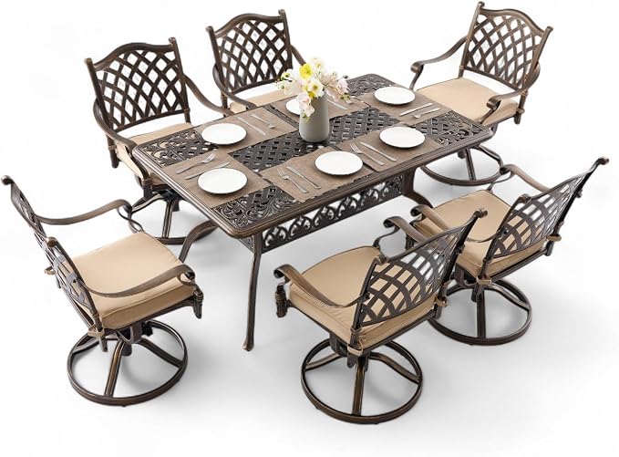 7 Piece Outdoor Dining Set Cast Aluminum Furniture Set，Retro Patio Dining Set for 6 Includes 59” Table and 6 Swivel Chairs with Cushions and 2" Umbrella Hole for Patio Deck Garden Poolside