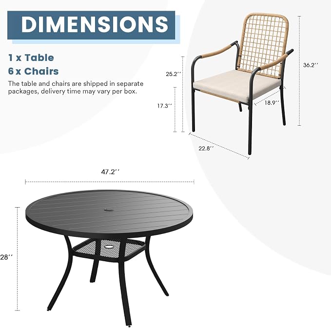 DIFY 7 Pieces Outdoor Dining Set for 6, 47.2" Round Dining Table with Umbrella Hole & Wicker Stackable Patio Chairs with Cushions, Metal Patio Table and Chairs Set for Backyard Porch Garden, Black