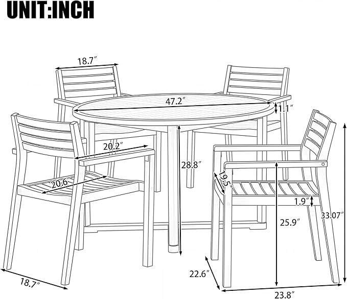 5-Piece Outdoor Patio Dining Set, All-Weather Acacia Wood 47.2" Round Dining Table with 4 Armchairs and Slatted Design for Backyard, Balcony, Garden, Poolside (Natural-4.11)