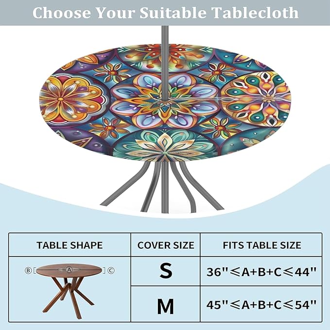 OSAM SPACE Outdoor Tablecloth with Umbrella Hole, Round Elastic Fitted Table Cloth with Invisible Zipper,Dark Colorful Mandala Flower Picnic Patio Table Cover 36-44in