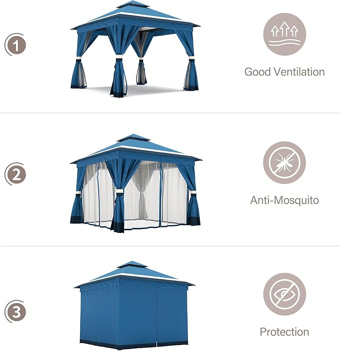 LAUSAINT HOME Patio Gazebo 10'x10', Outdoor Heavy Duty Party Tent Shelter with Double Roofs, Mosquito Nettings and Privacy Screens for Backyard, Garden, Lawn, Steel Blue