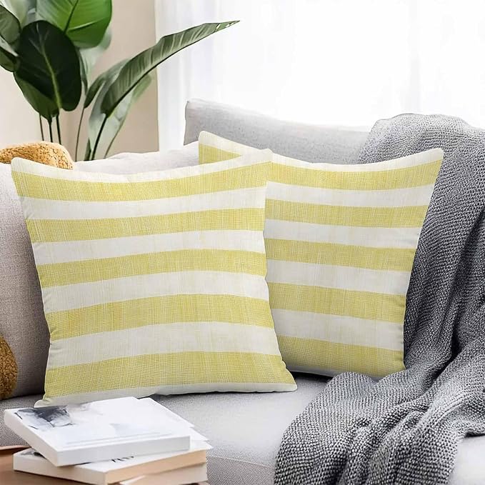 Chucoco Outdoor Waterproof Throw Pillow Cover, Farmhouse Yellow Linen Stripes Decorative Pillows Cushion Covers, Vintage 2 Pack Pillow Cases for Patio Garden Balcony Couch Sofa 16x16in