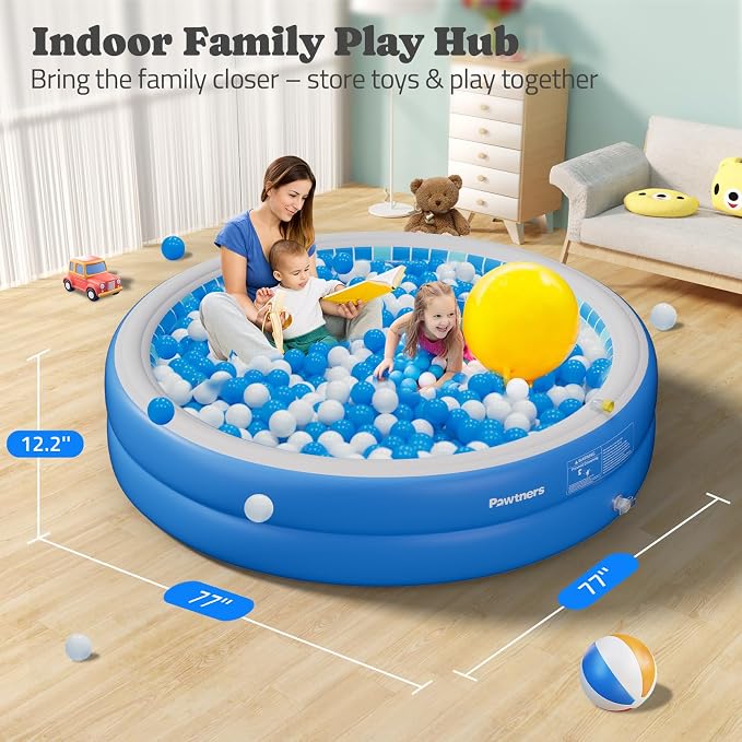 Inflatable Pool for Kids, Non-Slip Sprinkler Splash Pad for Backyard, Thickened PVC Kiddie Pool for Indoor Outdoor, Chew Proof Blow up Pond, Large Swimming Pool for Adult Dog Bathtub (Blue 77x12.2 in)