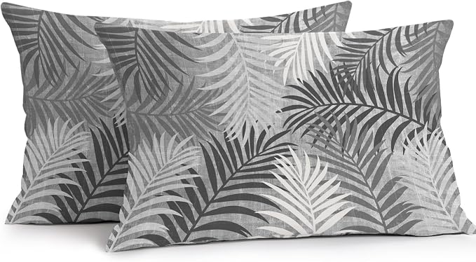 Gray Palm Leaves Waterproof Outdoor Pillow Covers Set of 2 Home Decor, Summer Tropical Leaf Plant Lumbar Pillowcase Patio Pillow Covers for Couch Bench Patio Furniture Garden 20x12in
