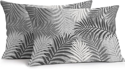 Gray Palm Leaves Waterproof Outdoor Pillow Covers Set of 2 Home Decor, Summer Tropical Leaf Plant Lumbar Pillowcase Patio Pillow Covers for Couch Bench Patio Furniture Garden 20x12in