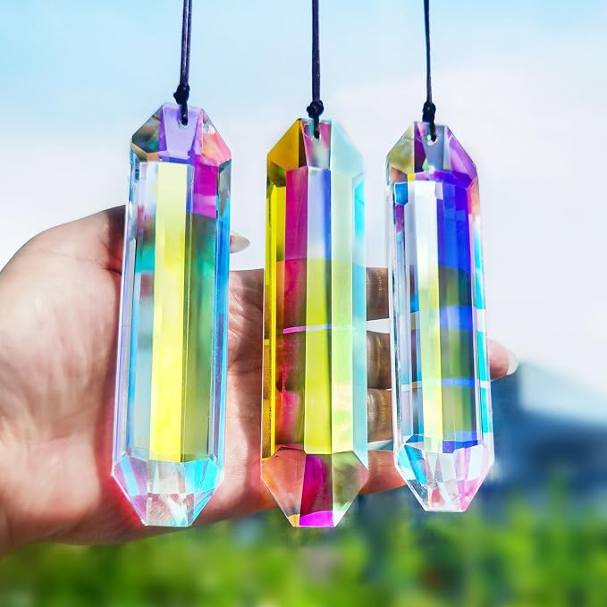 3 Pack 5" Large Crystal Prisms Suncatcher for Window AB Colored Sun Catcher | Indoor Window,Hanging Crystals,Rainbow Maker Prisms For Home Garden Christmas Tree Decor,with Hooks & Cord,Gift For Women