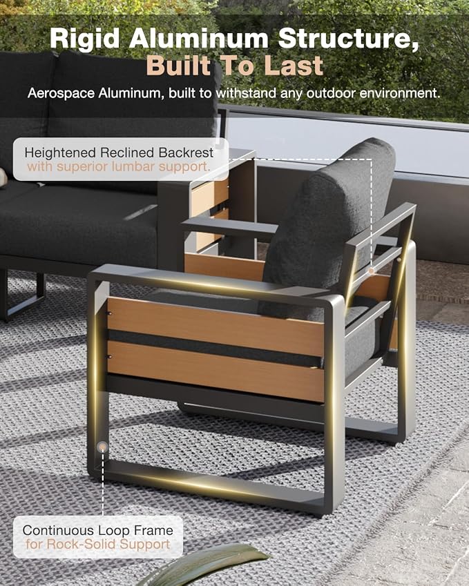 Aoxun Aluminum Patio Furniture Set with Fire Pit Table, 5 Piece Luxury Outdoor Sectional with 6" Olefin Fabric Cushions, Patio Conversation Sets with Waterproof Cover for Backyard, Porch Dark Grey