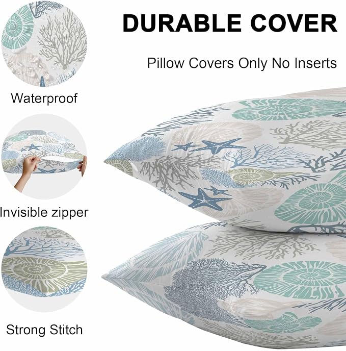 Coral Outdoor Throw Pillow Covers Pack of 2, Teal Marine Coral Abstract Geometric Waterproof Pillow Covers Pillowcase for Outside Furniture Bench Patio Garden Decorative, 12 x 20 inch