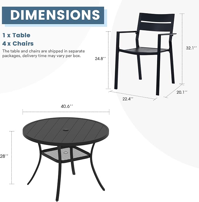 DIFY 5 Piece Outdoor Patio Dining Set for 4, Patio Table and Chairs Set with Umbrella Hole, 40.6" Round Dining Table and Stackable Metal Chairs for Backyard Garden Poolside, Black