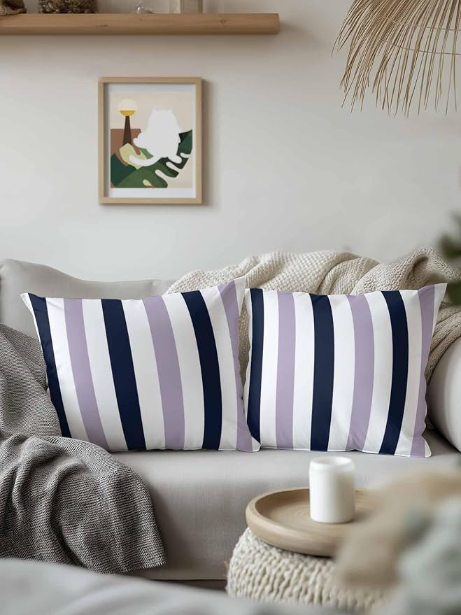 Outdoor Pillows Waterproof, Purple Navy Blue Striped Bedding Throw Pillows with Insert for Couch Sofa Bed, Farmhouse Stripe Art 16x16 Inch Pillowcases Decorative Camping Patio Pillow Set of 2
