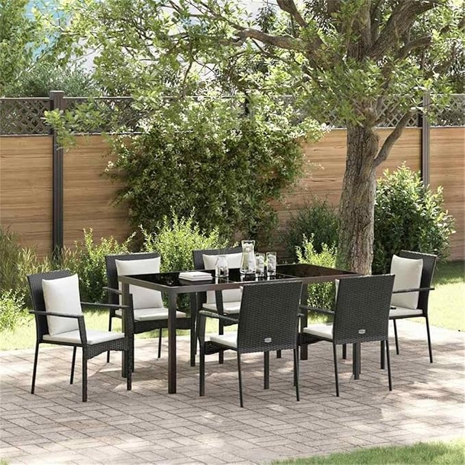 Afuera Living 7-Piece Outdoor Garden Dining Set, Poly Rattan, Black Finish, Cushioned Seating for 6, Tempered Glass Tabletop, Weather-Resistant, Modern Patio Furniture for Dining & Entertaining