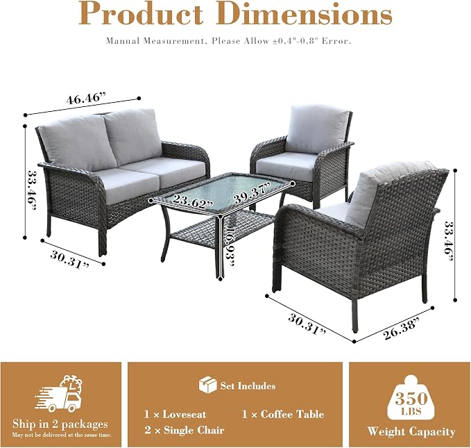 4 Pieces Patio Furniture Set, Small Outdoor Patio Set with Coffee Table, All-Weather Rattan Wicker High Back Conversation Set Loveseat with Chairs for Porch, Backyard, Balcony, Grey