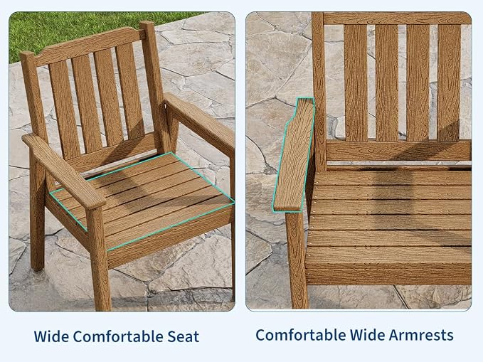 Set of 4 Outdoor Dining Chairs, 650LBS Capacity Wide HDPE Seat, Rustproof Aluminum Frame, Heavy-Duty All-Weather Patio Garden Seating Furniture for Deck Porch Backyard Poolside, Wood