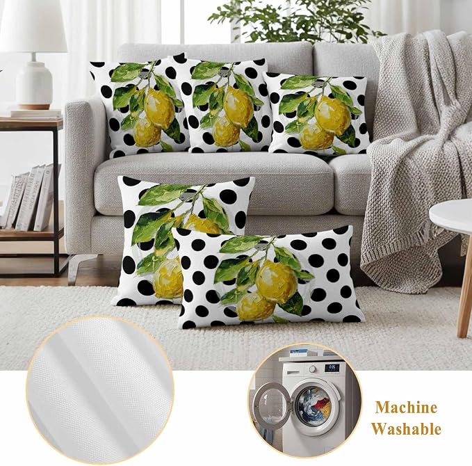 Waterproof Pillow Covers Set of 2,Summer Lemon Polka Dot Outdoor Pillow Protectors with Zipper Pillowcases for Patio Tent Garden Beach 18x18 Inches Country Fruit Oil Painting Style