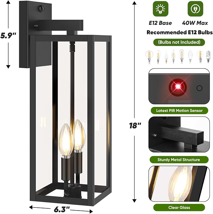 2-Pack 18” Large Upgraded Motion Sensor Outdoor Wall Lights, Black | Auto ON/OFF, 3 Lighting Modes, Waterproof, Rust-Resistant, Durable Metal with Clear Glass, Dual E12 Sockets, Easy to Install