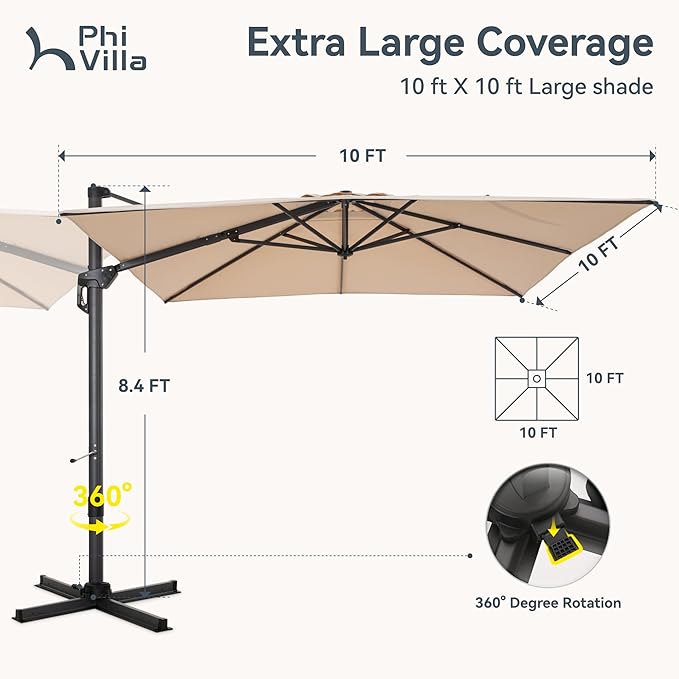 PHI VILLA 10ft Patio Umbrella with Base 360° Rotation & 7-Level Tilt Outdoor Cantilever Umbrella with Easy Crank Handle. Square Offset Umbrella Heavy Duty for Garden Poolside Backyard (Beige)
