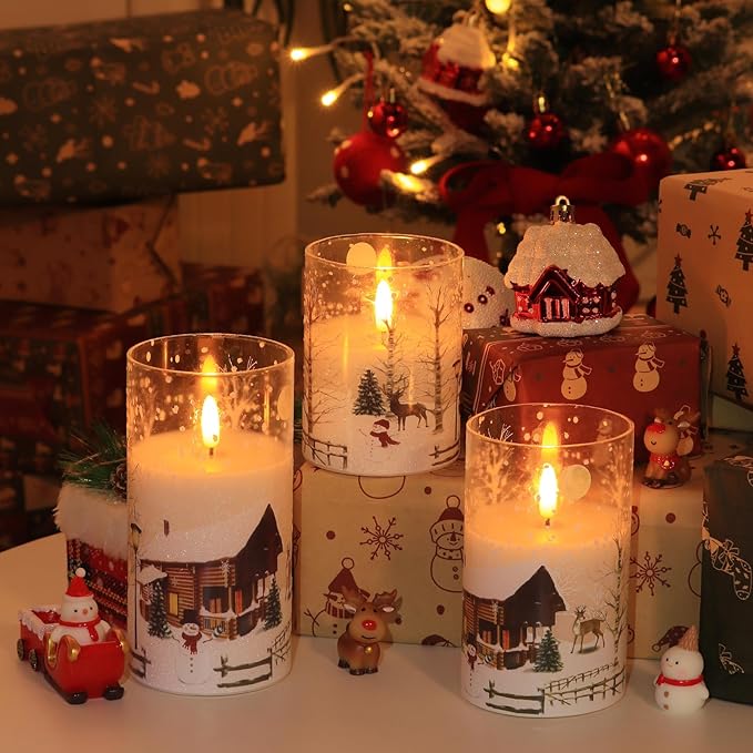 Christmas Flickering Flameless Candles with Remote, 3D Wick Battery Operated Candles, Real Wax in Glass LED Candles for Holiday Festival, Home, Gift