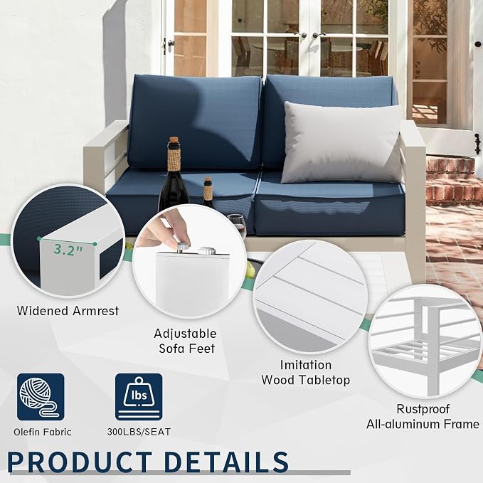 Amopatio Aluminum Patio Furniture, 5 Pieces Metal Outdoor Furniture Set, Outdoor Sectional Modern Sofa Sets with Coffee Table for Pool, Garden, White&Blue (Included Waterproof Covers)