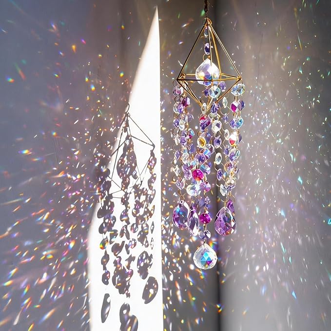 21.5'' Crystal Prisms Suncatcher for Window Hanging,Purple | Rainbow Maker,Sun Catcher Indoor Window,Glass Wind Chimes,Whimsical Decor For Home Garden,Zen Christmas Birthday Gift