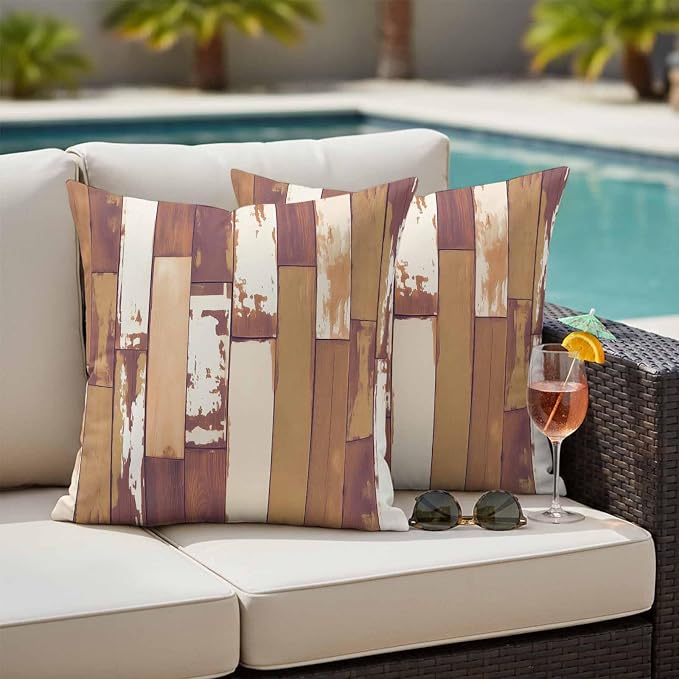 Brown Beige Outdoor Pillow Covers 24x24 Inch Throw Pillow Covers Set of 2 Waterproof Decorative Pillow Cases Vintage Farmhouse Shabby Wooden Grain Cushion Covers for Patio Furniture Garden Couch Sofa