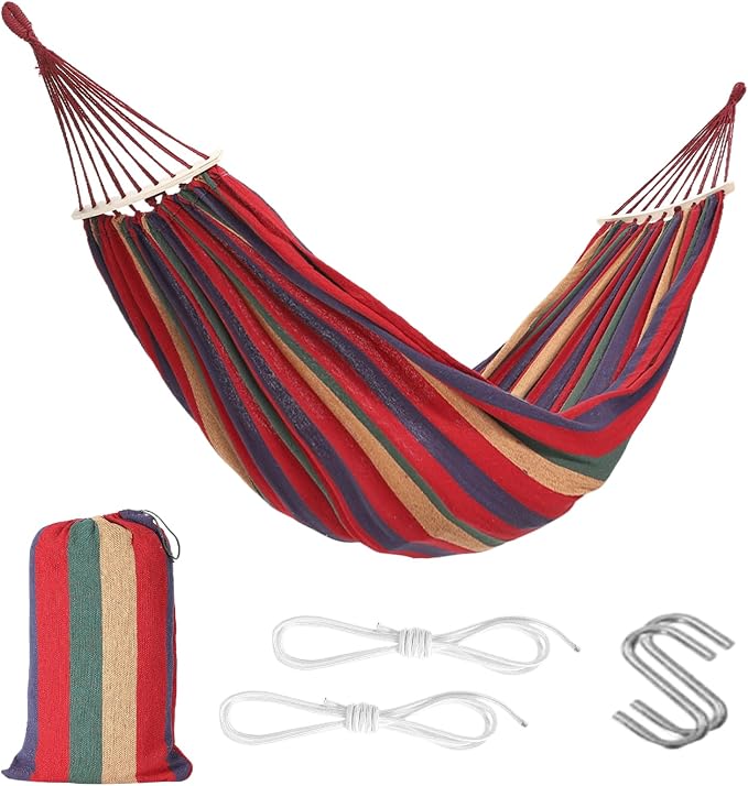 Canvas & Wood Hammock, Red-Purple Striped, 129.9x59.1 inches, Extra Large Double Hammock, 500 LBS Weight Capacity, Portable with Storage Bag & 2x9.8ft Tree Ropes, Includes Installation Manual, for Out