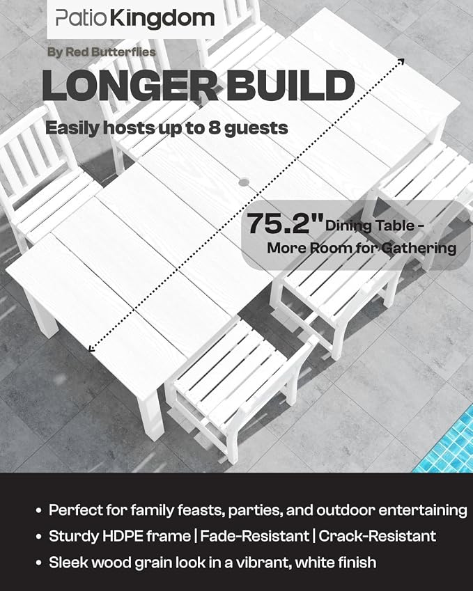 9-Piece HDPE Patio Dining Set for 8, 75.2" Table,White | HDPE material, umbrella hole design, weather-resistant patio furniture, perfect for yard, lawn, garden, balcony, deck